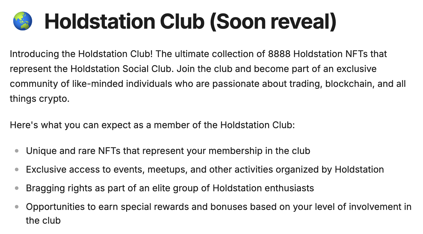 Thông tin về NFT Holdstation Club. Nguồn: Doc Holdstation.